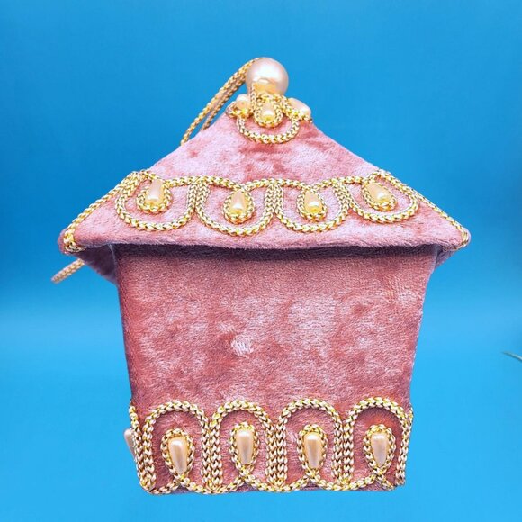 Victorian Birdhouse Ornaments Pink Velvet Pearl Bead Gold Trim Cherub Birds Rose - Picture 7 of 8